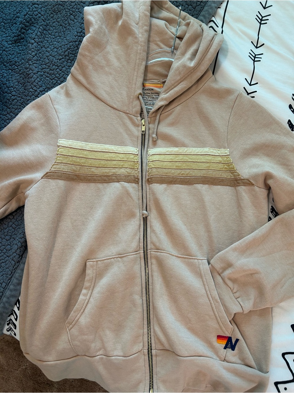 Aviator Nation Beige Zip Hoodie with Yellow Stripe Accents - Picture 1 of 7